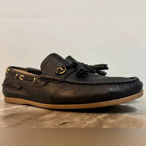 TOM FORD $1000 Black Leather Moccasins Boat Shoes Tassel Loafers Authentic 9.5